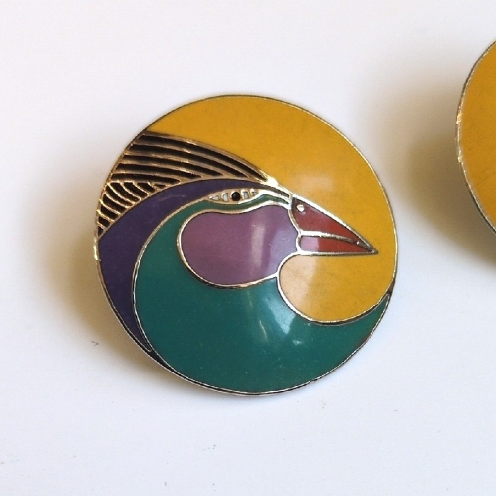 Vtg Laurel Burch Harlequin Bird Earrings - Round Circle Gold Tone‎ Studs Yellow - Picture 3 of 6